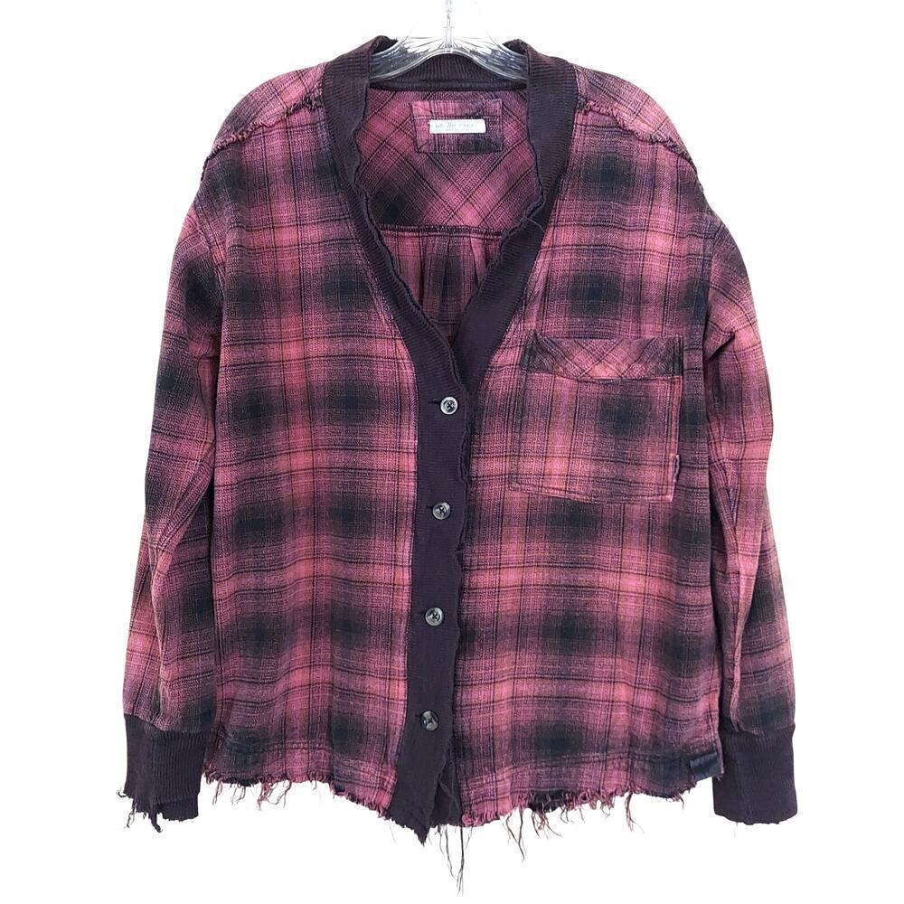 We The Free Pink & Black Cardi Plaid Distressed Button Front Flannel Shirt